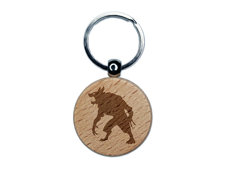 Ferocious Werewolf Monster Halloween Engraved Wood Round Keychain Tag Charm