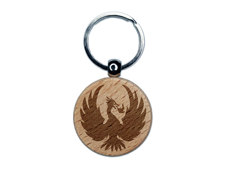 Fire Phoenix Bird Rising Engraved Wood Round Keychain Tag Charm