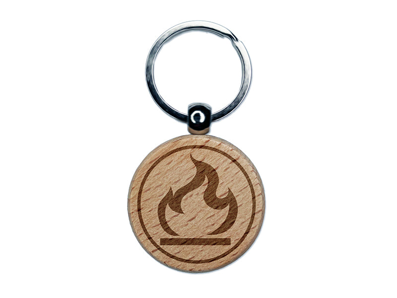 Flammable Fire Icon Engraved Wood Round Keychain Tag Charm