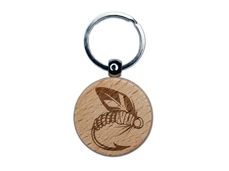 Fly Fishing Hook Lure Engraved Wood Round Keychain Tag Charm