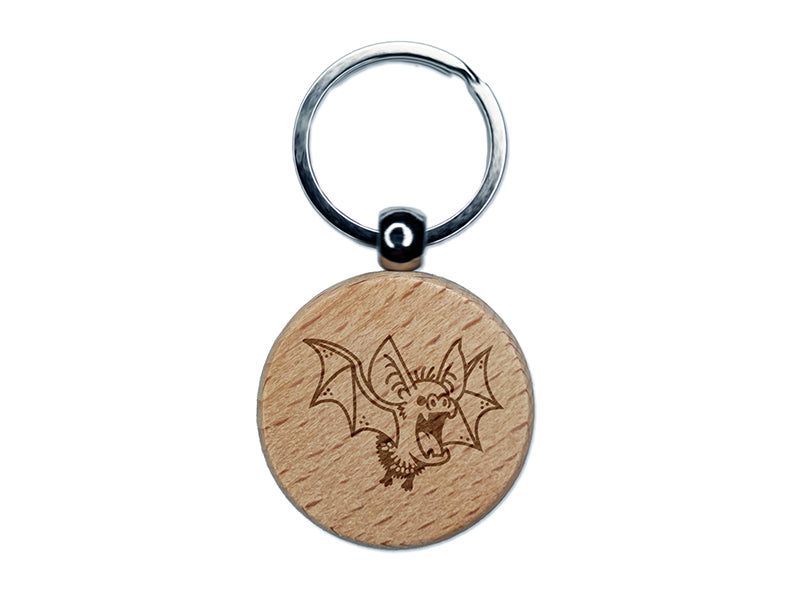 Fuzzy Little Cartoon Bat Halloween Engraved Wood Round Keychain Tag Charm