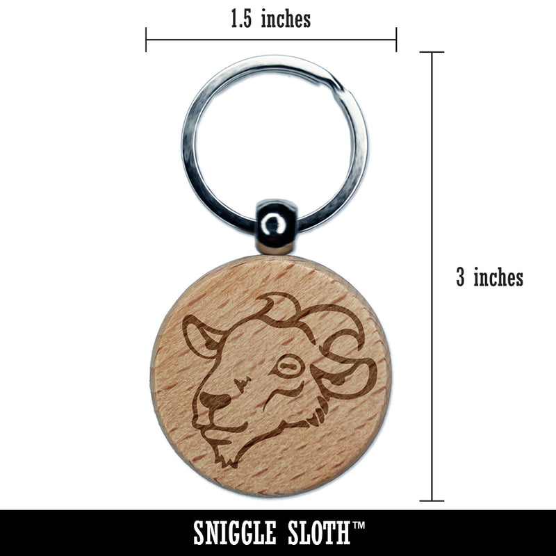 Goat Head Engraved Wood Round Keychain Tag Charm