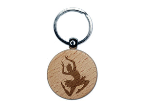 Graceful Ballerina Leaping Engraved Wood Round Keychain Tag Charm