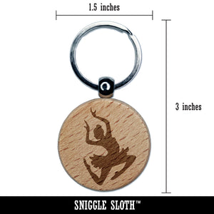 Graceful Ballerina Leaping Engraved Wood Round Keychain Tag Charm