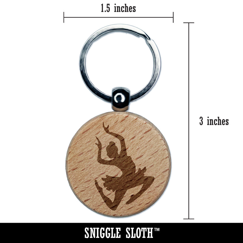 Graceful Ballerina Leaping Engraved Wood Round Keychain Tag Charm