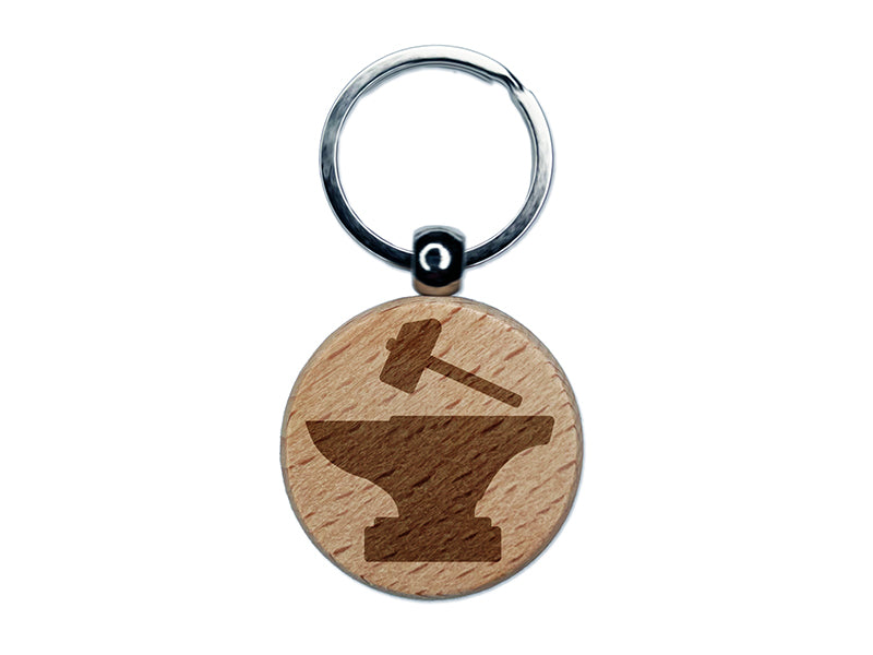 Hammer and Anvil Blacksmith Icon Engraved Wood Round Keychain Tag Charm