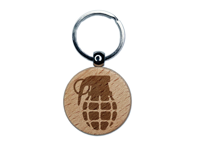 Cartoon Hand Grenade Engraved Wood Round Keychain Tag Charm