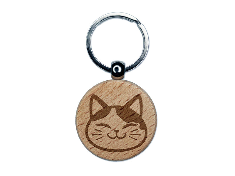 Happy Spotted Cat Face Engraved Wood Round Keychain Tag Charm