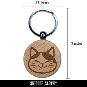 Happy Spotted Cat Face Engraved Wood Round Keychain Tag Charm