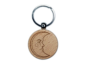 Heraldic Moon Face Engraved Wood Round Keychain Tag Charm