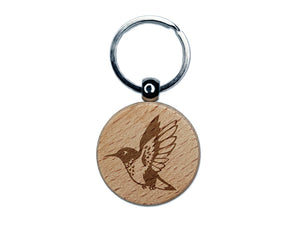 Hummingbird in Flight Engraved Wood Round Keychain Tag Charm