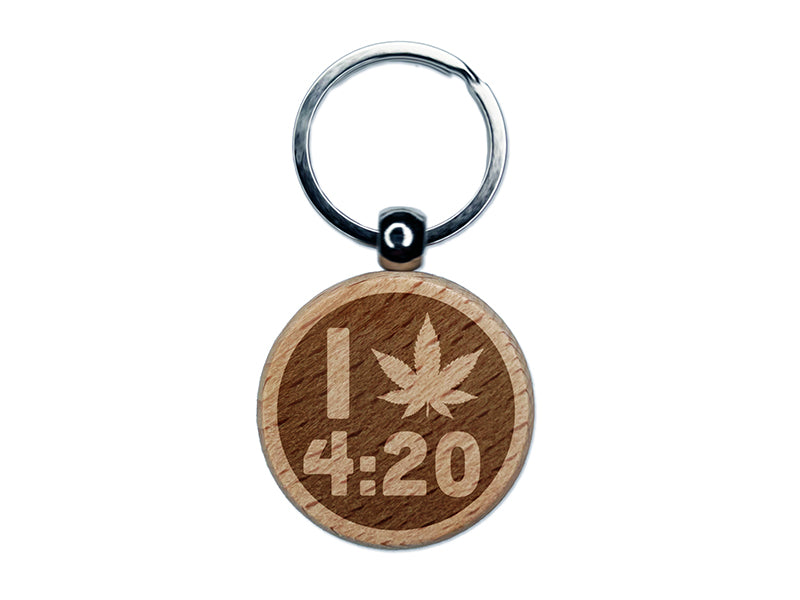 I Love 420 Marijuana Circle Engraved Wood Round Keychain Tag Charm