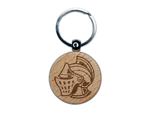 Medieval Knight Helmet Engraved Wood Round Keychain Tag Charm