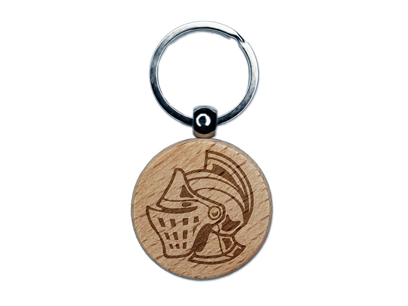 Medieval Knight Helmet Engraved Wood Round Keychain Tag Charm