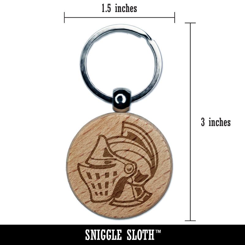 Medieval Knight Helmet Engraved Wood Round Keychain Tag Charm