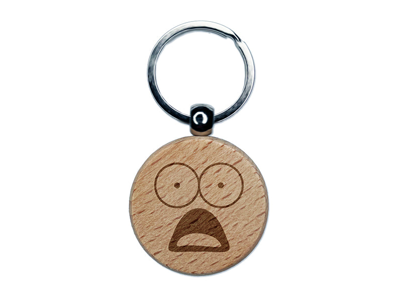Mouth Agape Shocked Face Engraved Wood Round Keychain Tag Charm