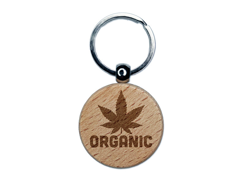 Organic Marijuana Leaf Pot Weed Hemp Engraved Wood Round Keychain Tag Charm