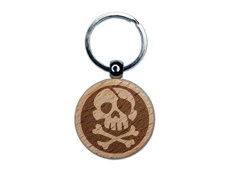 Pirate Skull and Crossbones Jolly Roger Engraved Wood Round Keychain Tag Charm
