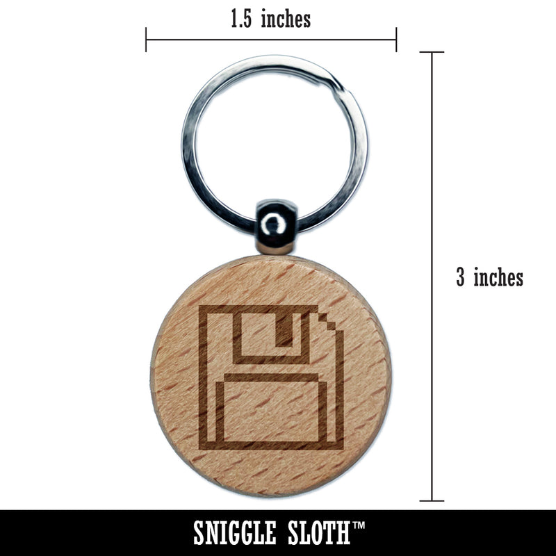 Pixel Save Floppy Disk Icon Engraved Wood Round Keychain Tag Charm