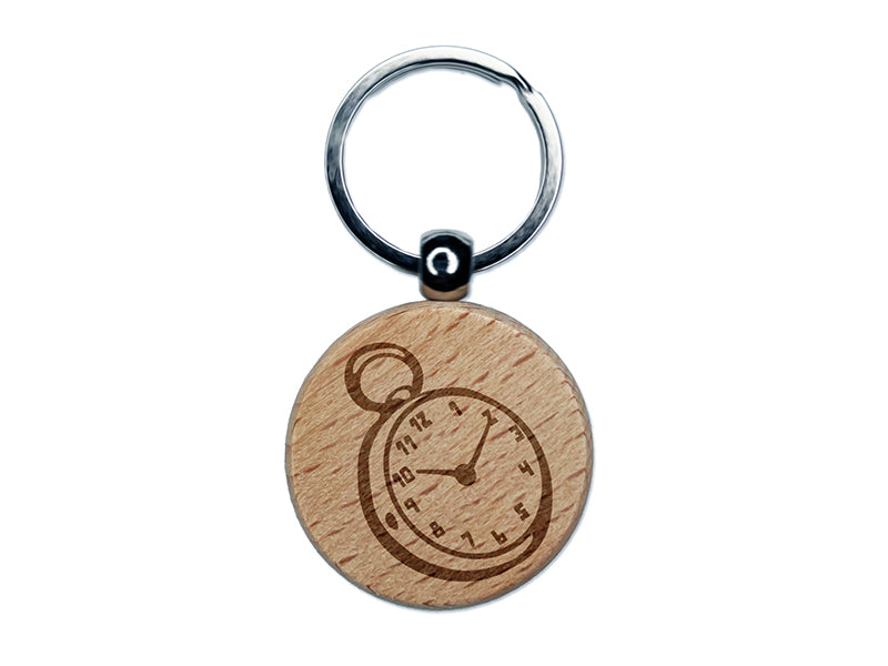 Pocket Watch Engraved Wood Round Keychain Tag Charm