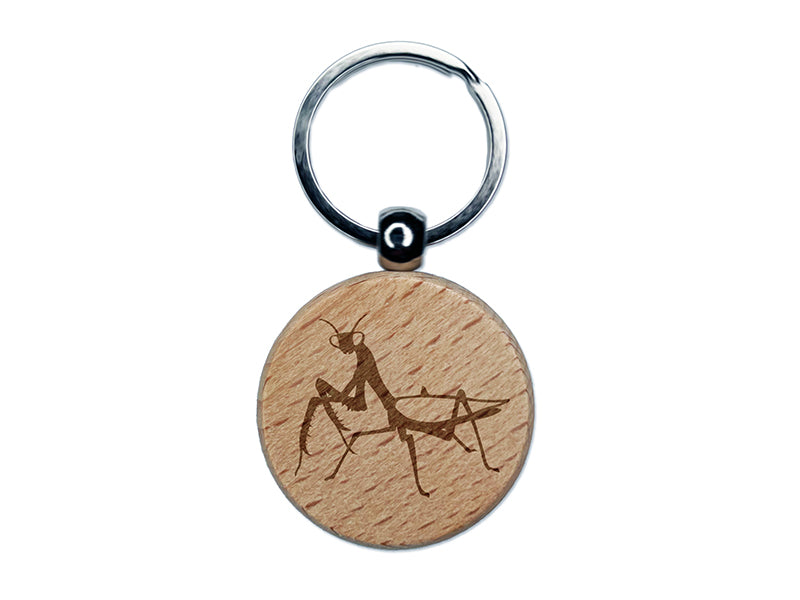 Praying Mantis Insect Engraved Wood Round Keychain Tag Charm