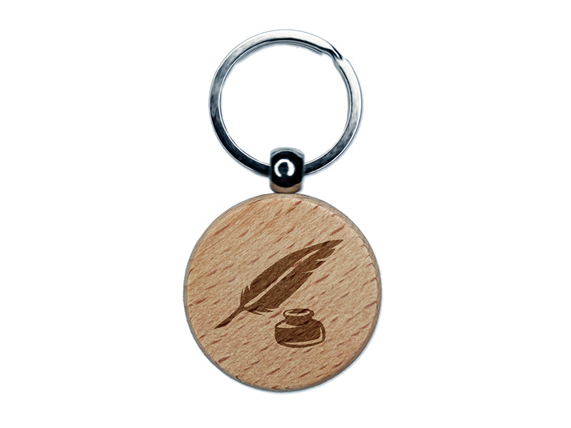 Quill Feather Pen and Ink Engraved Wood Round Keychain Tag Charm