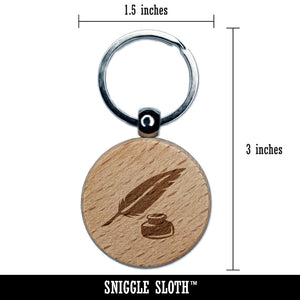 Quill Feather Pen and Ink Engraved Wood Round Keychain Tag Charm