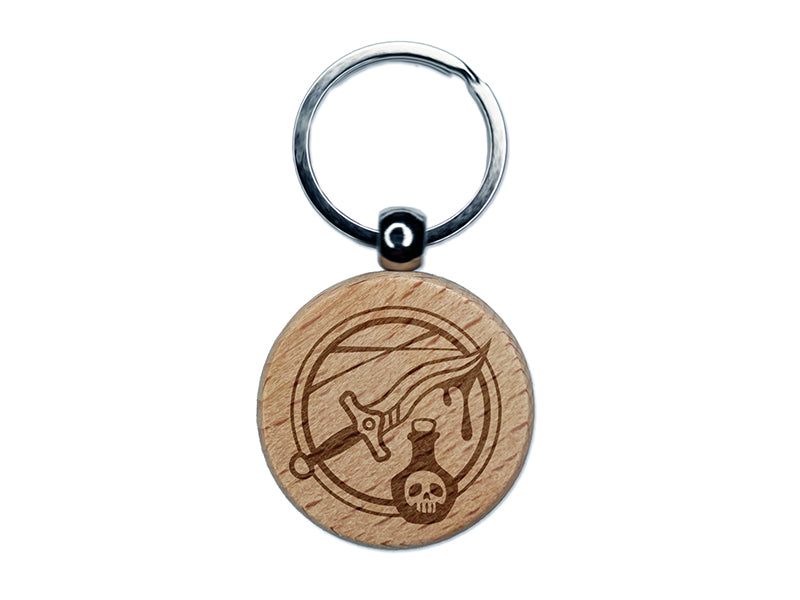 Rogue Poisoned Dagger Engraved Wood Round Keychain Tag Charm