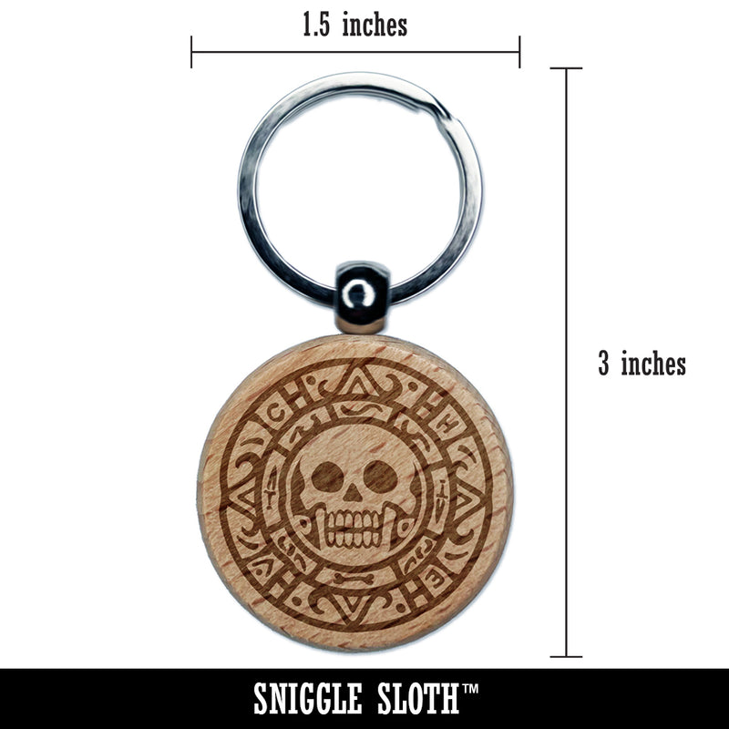 Skull Pirate Coin Engraved Wood Round Keychain Tag Charm