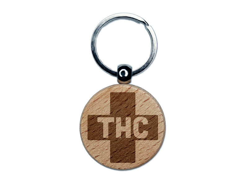 THC Medicinal Marijuana Medical Cross Engraved Wood Round Keychain Tag Charm