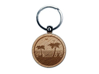 Tropical Beach with Palm Trees Engraved Wood Round Keychain Tag Charm