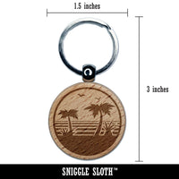 Tropical Beach with Palm Trees Engraved Wood Round Keychain Tag Charm