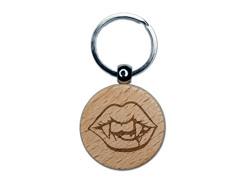 Vampire Lips and Teeth Halloween Engraved Wood Round Keychain Tag Charm