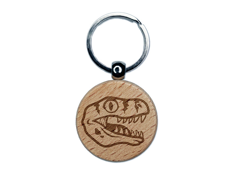 Velociraptor Dinosaur Head Engraved Wood Round Keychain Tag Charm