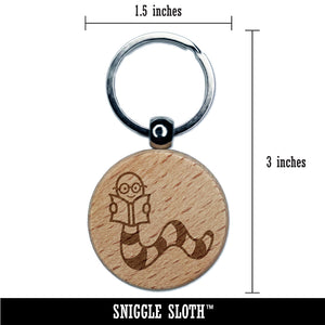 Book Worm Reading Engraved Wood Round Keychain Tag Charm