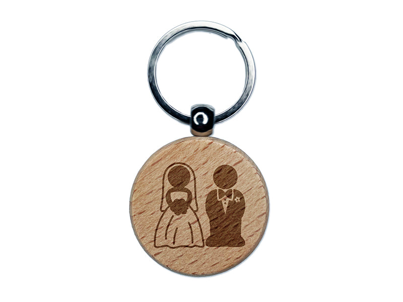 Bride and Groom Wedding Engraved Wood Round Keychain Tag Charm