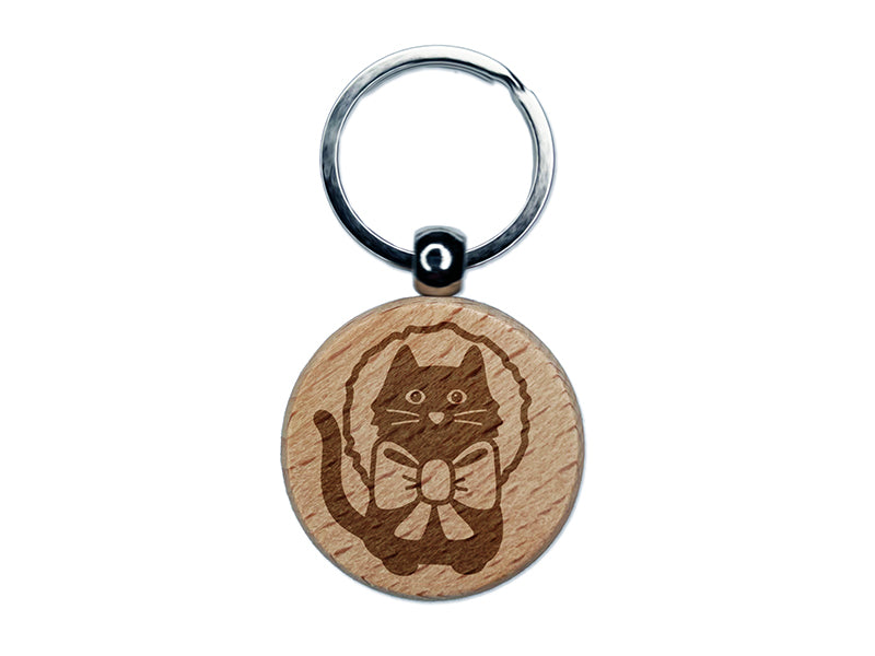 Cat in Christmas Wreath Engraved Wood Round Keychain Tag Charm