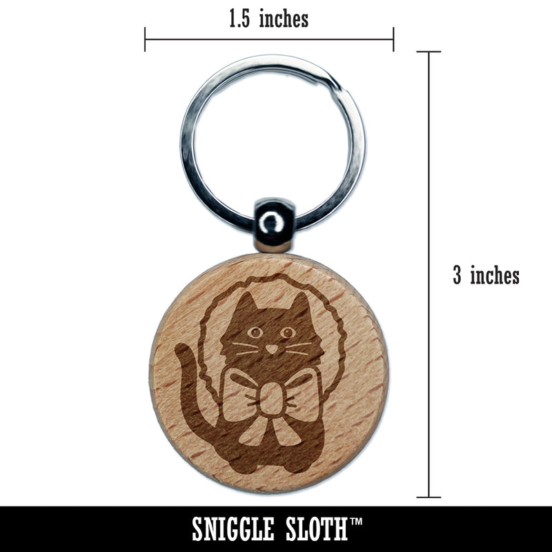 Cat in Christmas Wreath Engraved Wood Round Keychain Tag Charm