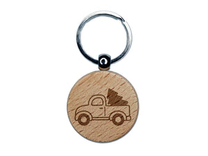 Cute Truck with Christmas Tree Engraved Wood Round Keychain Tag Charm