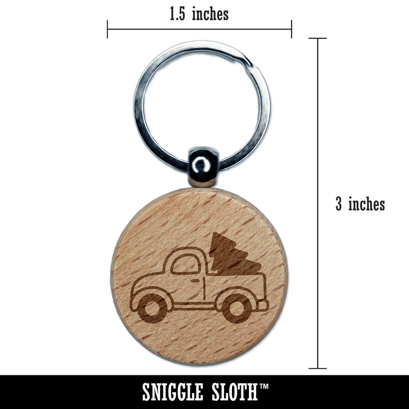 Cute Truck with Christmas Tree Engraved Wood Round Keychain Tag Charm