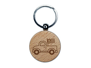 Cute Truck with Flag Engraved Wood Round Keychain Tag Charm