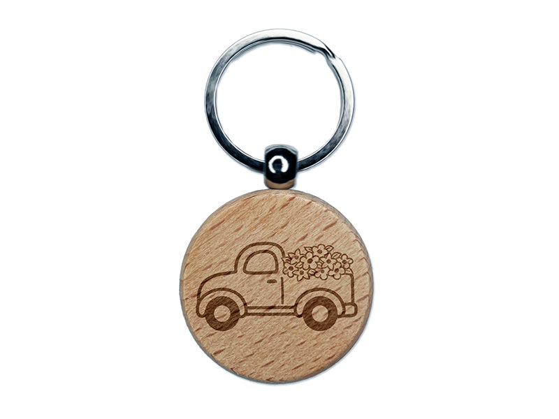 Cute Truck with Flowers Engraved Wood Round Keychain Tag Charm