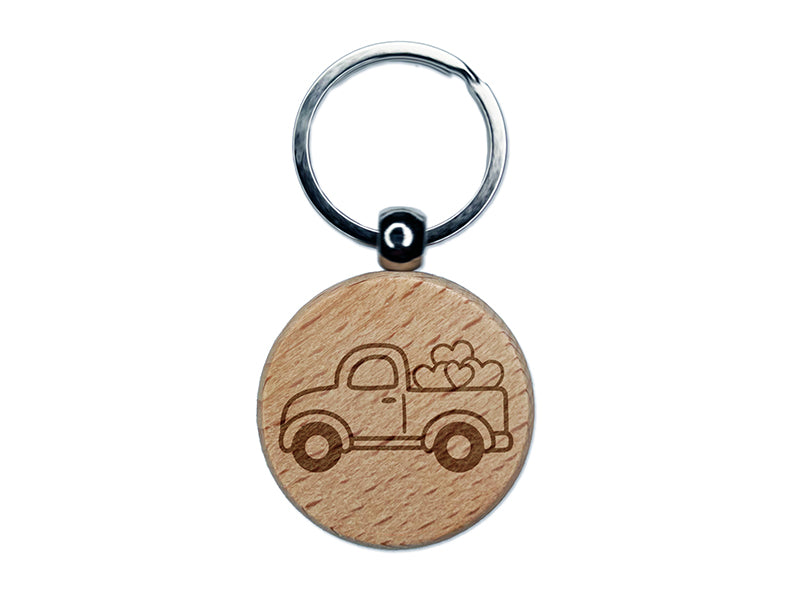 Cute Truck with Hearts Engraved Wood Round Keychain Tag Charm