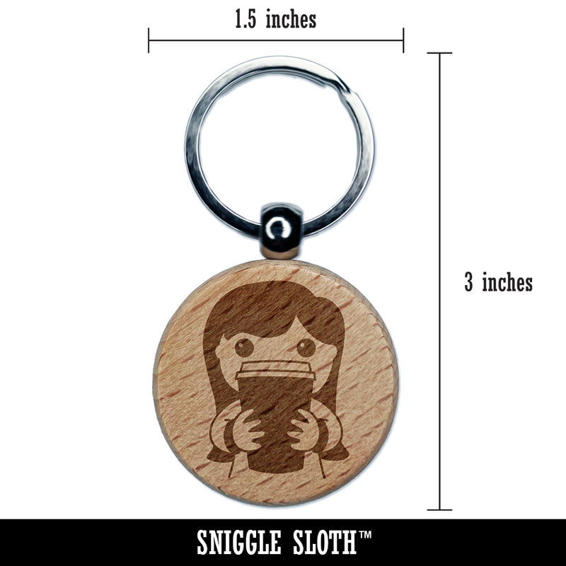 Latte Girl Coffee Engraved Wood Round Keychain Tag Charm