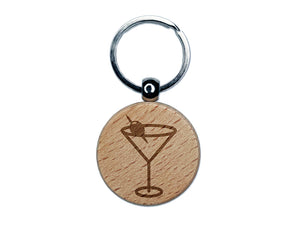 Martini Cocktail with Olive Engraved Wood Round Keychain Tag Charm