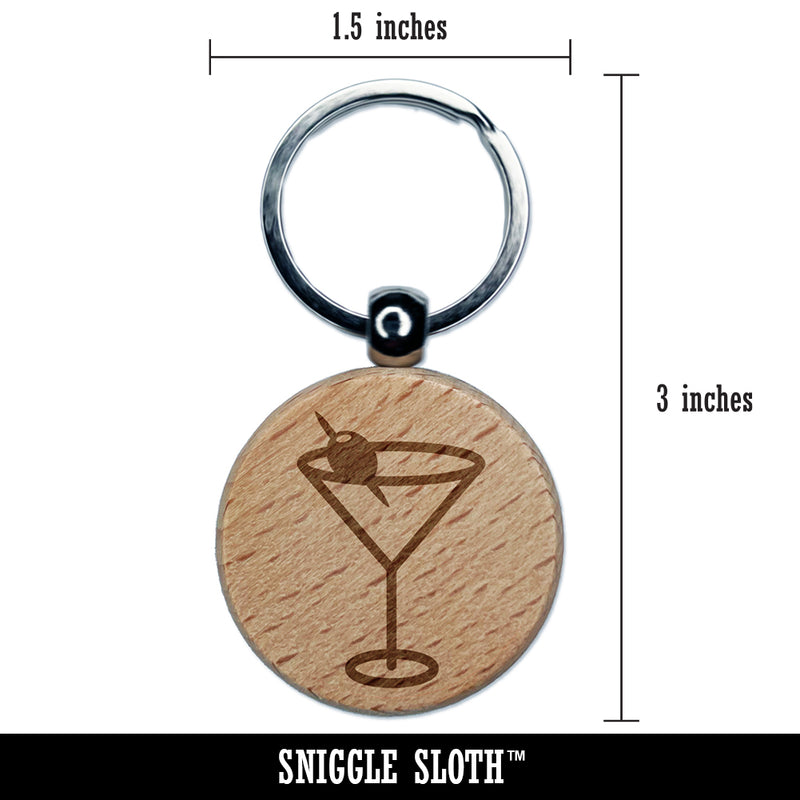 Martini Cocktail with Olive Engraved Wood Round Keychain Tag Charm