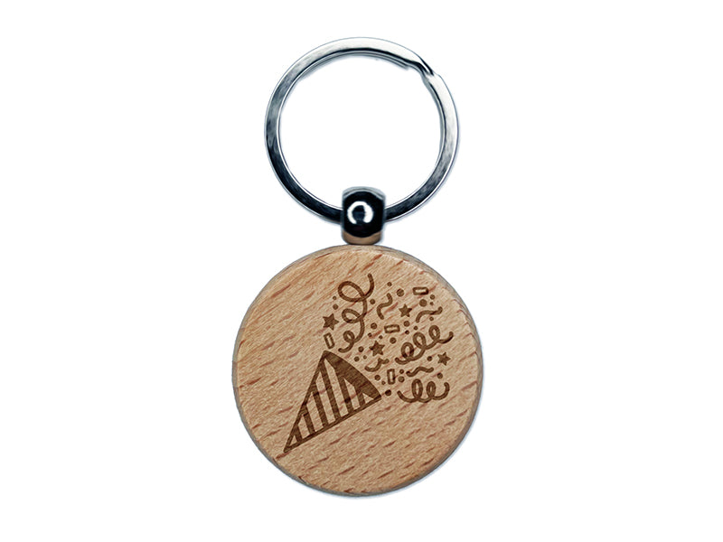 Party Popper with Confetti Engraved Wood Round Keychain Tag Charm