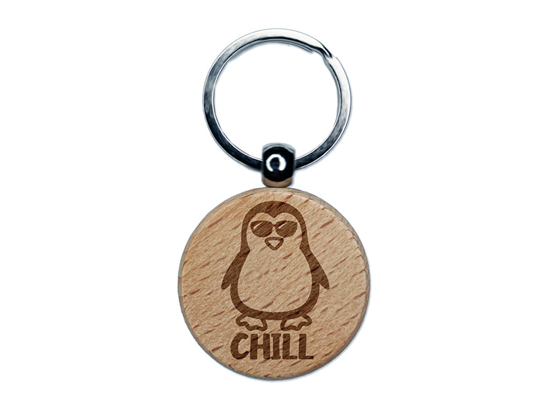 Penguin Chill Engraved Wood Round Keychain Tag Charm