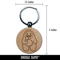 Yeti Abominable Snowman Eating Ice Cream Engraved Wood Round Keychain Tag Charm