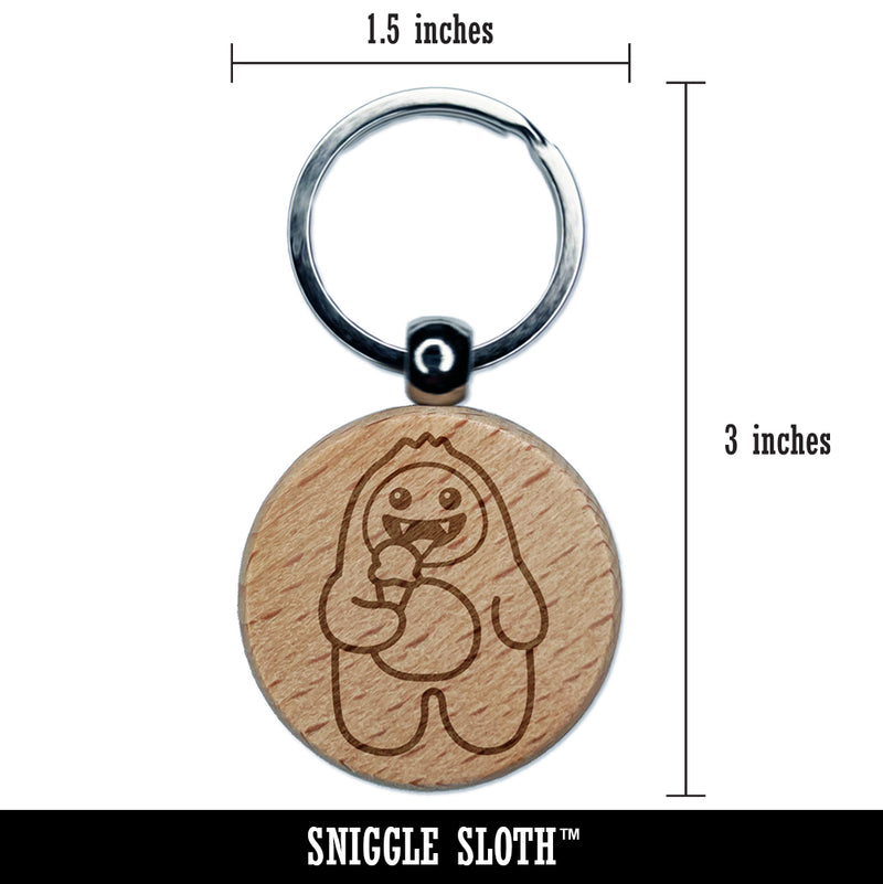 Yeti Abominable Snowman Eating Ice Cream Engraved Wood Round Keychain Tag Charm